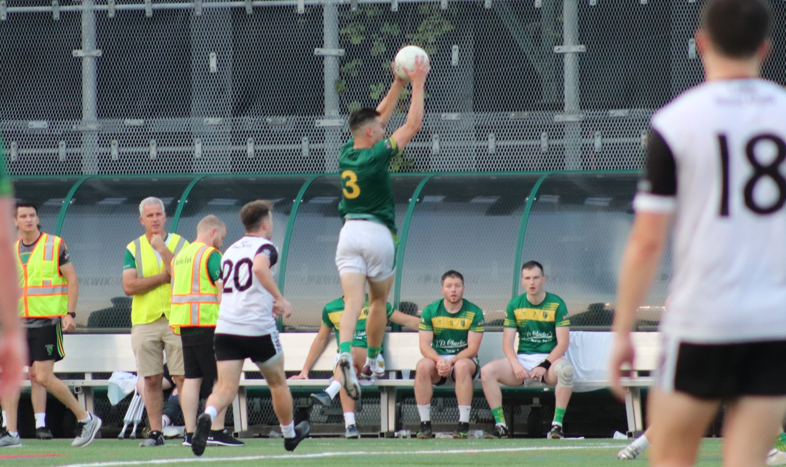 St. Barnabas full back Jamie Boyle climbs highest v Sligo (Photo by Michael Dorgan, The Long Hall Podcast)