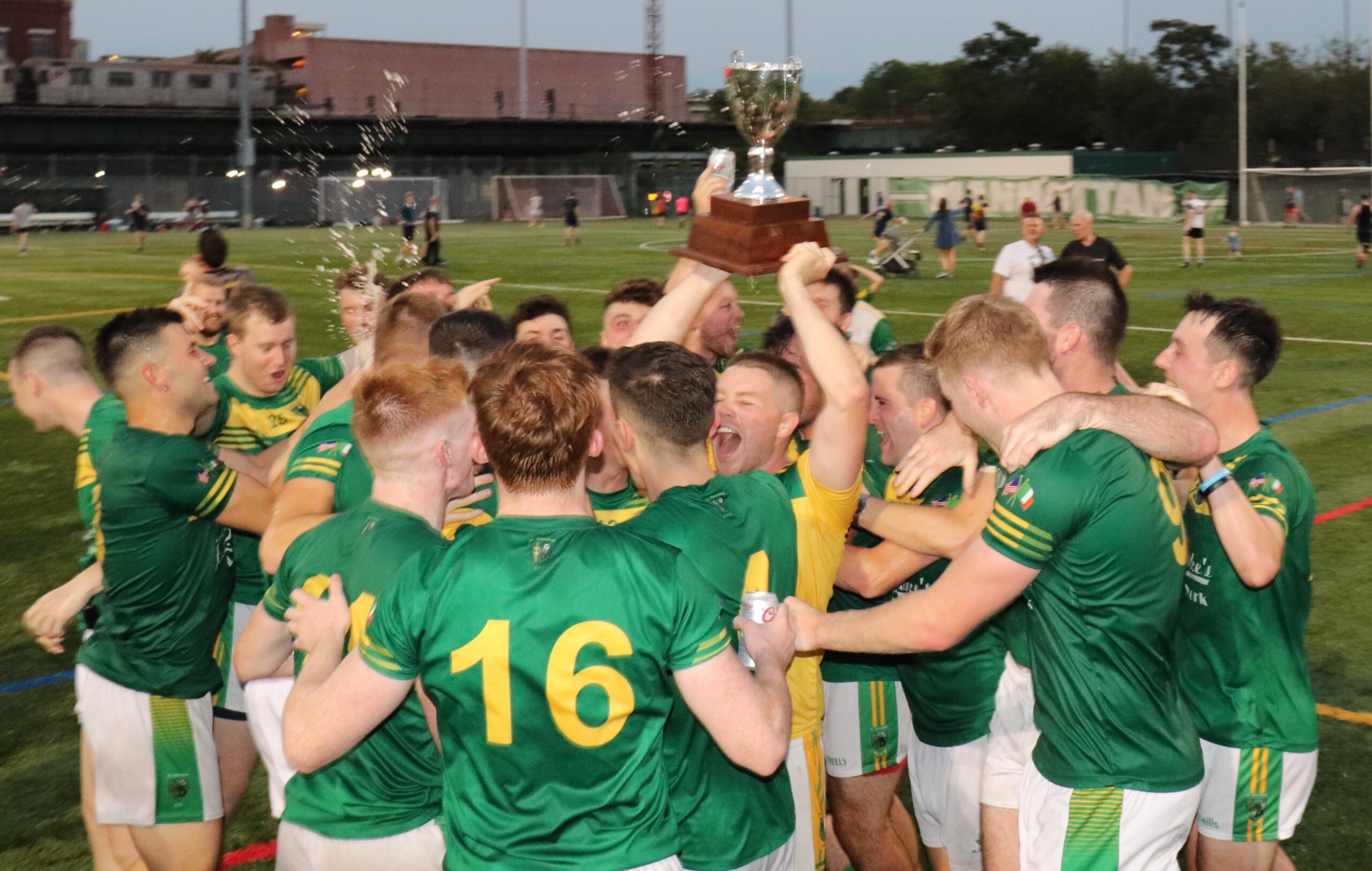 St. Barnabas celebrate winning the New York Senior Football Championship Final at Gaelic Park Sunday (Photo: Michael Dorgan, The Long Hall Podcast)