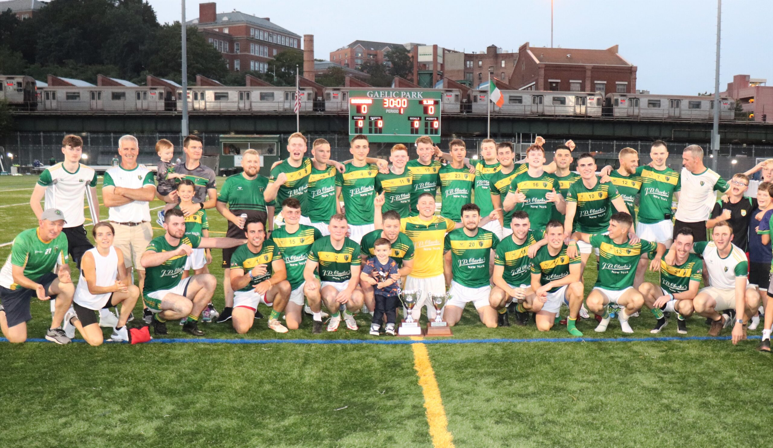 The St. Barnabas panel and back room team after winning the 2021 New York Senior Football title (Photo by Michael Dorgan, The Long Hall Podcast)