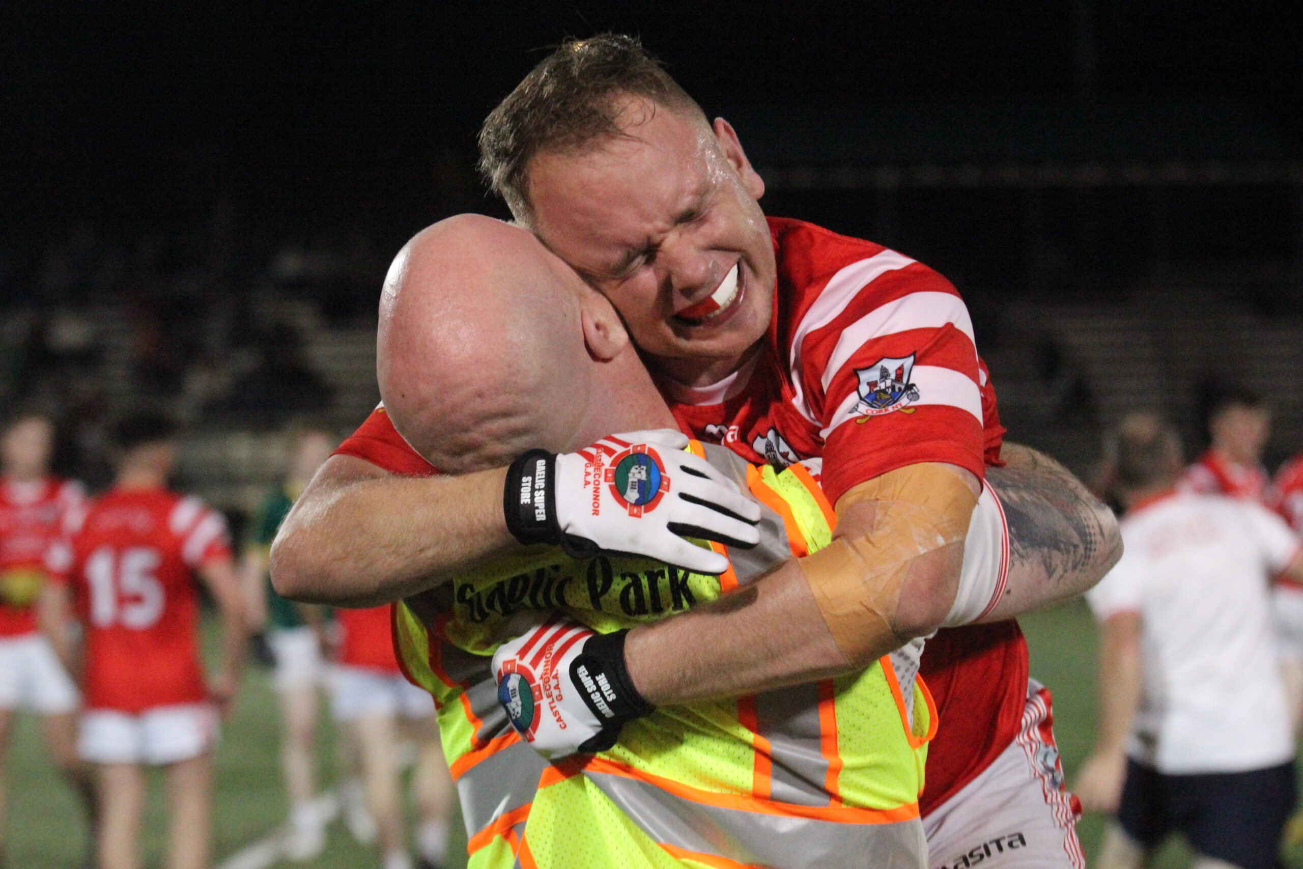 Cork manager Lorcan Grall and Niall Judge celebrate after the final whistle (Photo by Sharon Redican)