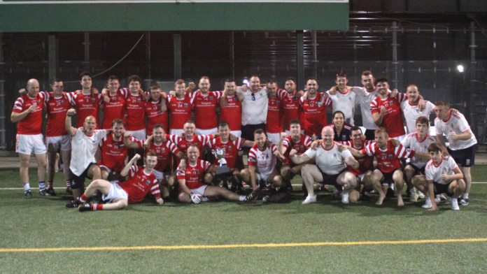 The Cork panel and back room team after winning the 2021 New York Junior A Football title (Photo Sharon Redican )