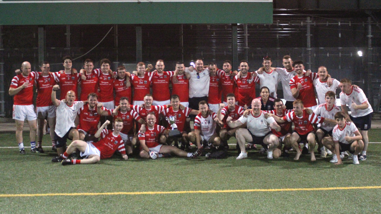 The Cork panel and back room team after winning the 2021 New York Junior A Football title (Photo Sharon Redican )