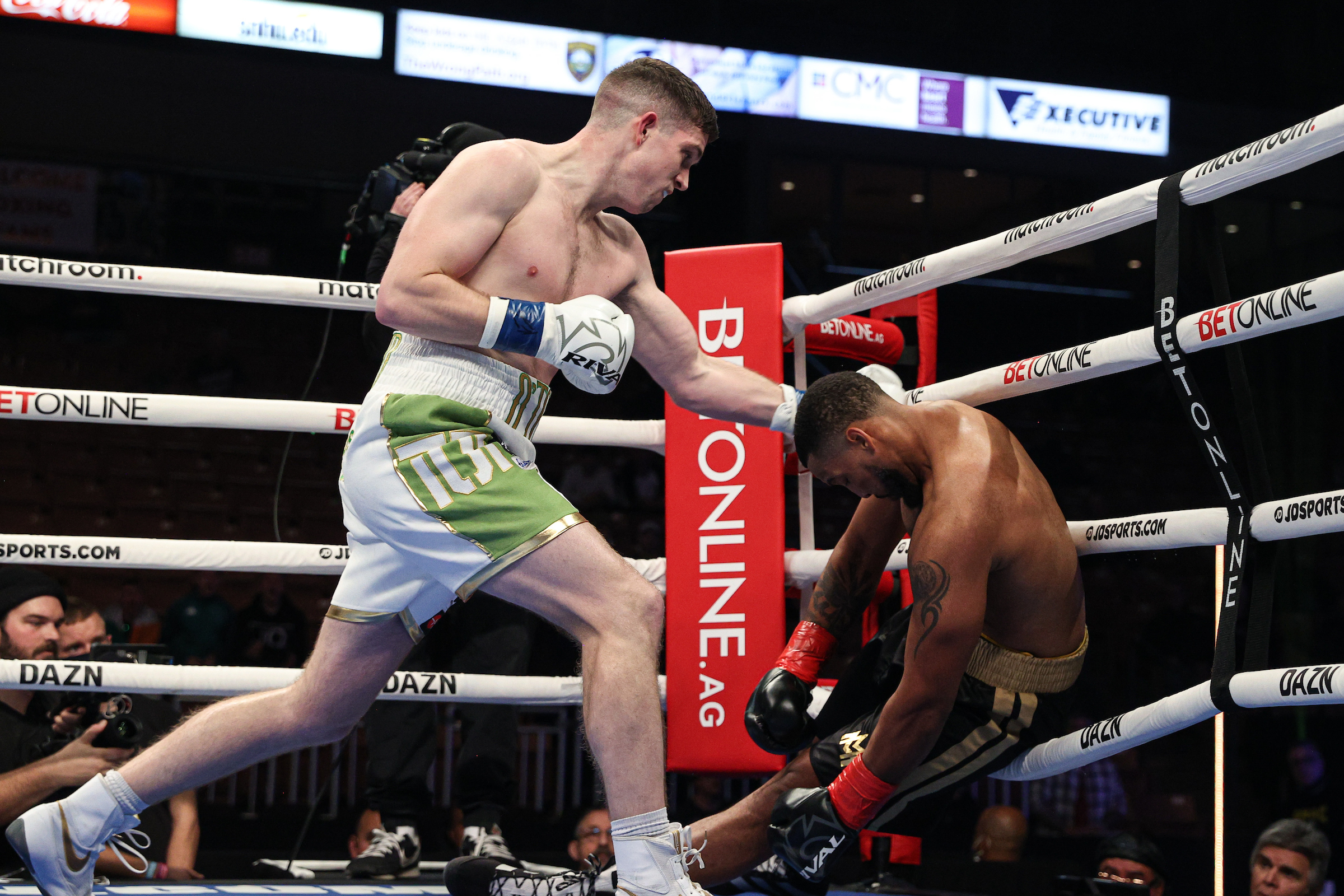 Thomas O’Toole knocks out Mark Malone during their Matchroom Boxing bout at the SNHU Arena in Manchester, NH on November 19, 2021. (Credit: Ed Mulholland/Matchroom)
