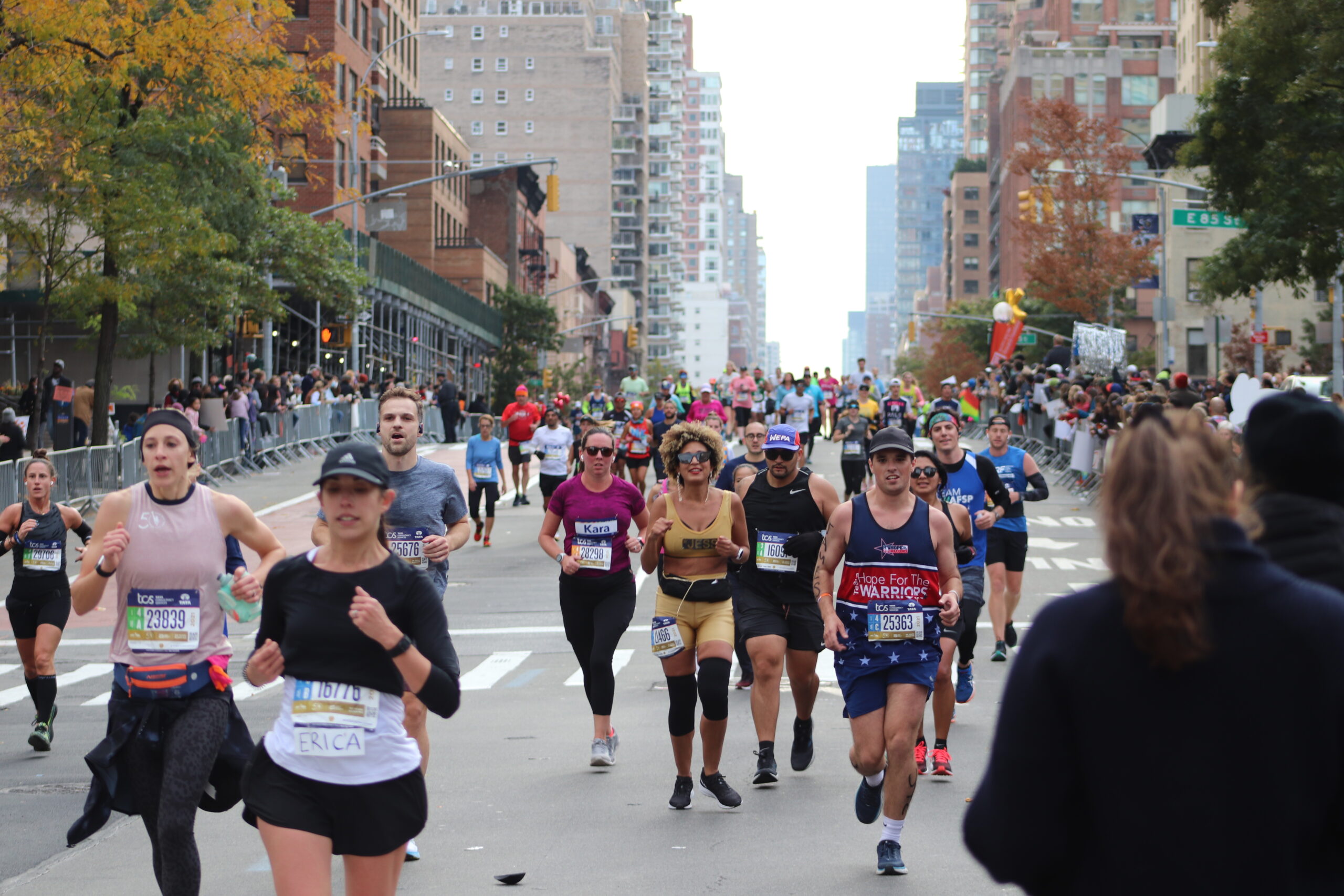 Runners on 1st Avenue in Manhattan during the 2021 New York City marathon (Photo by Michael Dorgan, The Long Hall Podcast)