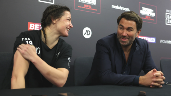 Katie Taylor with Eddie Hearn in Liverpool 11 December 2021 (Picture By Mark Robinson Matchroom Boxing)