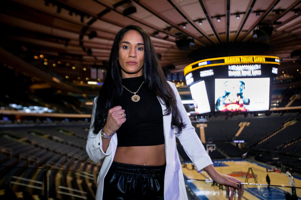 February 2, 2022; New York, NY; Amanda Serrano poses for photo during Good Day New York Sports Extra announcing their fight April 30, 2022 at Madison Square Garden in New York City. Mandatory Credit: Michelle Farsi for Matchroom/MSG Photos