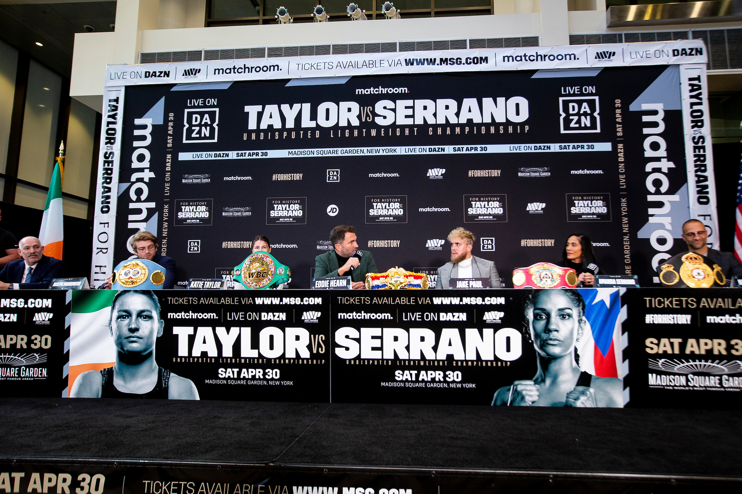 February 2, 2022; New York, NY; Eddie Hearn of Matchroom speaks at the press conference for the upcoming Matchroom Boxing fight card on April 30, 2022 at Madison Square Garden in New York City. Mandatory Credit: Michelle Farsi for Matchroom/MSG Photos