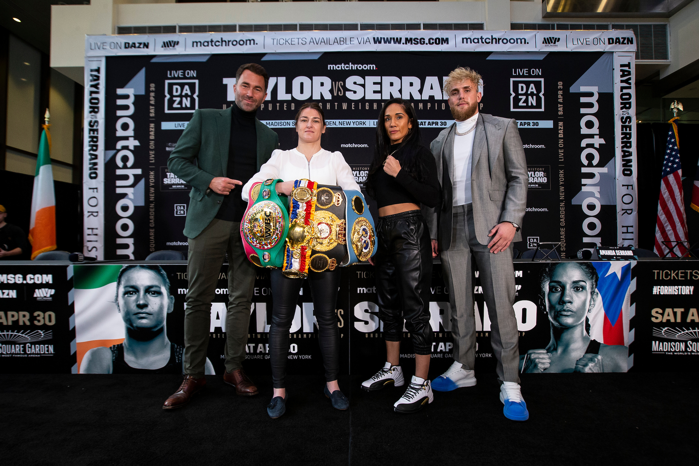 February 2, 2022; New York, NY; Eddie Hearn of Matchroom. Undisputed World Lightweight champion Katie Taylor, challenger Amanda Serrano and Jake Paul of MVP pose at the press conference announcing their fight April 30, 2022 at Madison Square Garden in New York City. Mandatory Credit: Michelle Farsi for Matchroom/MSG Photos