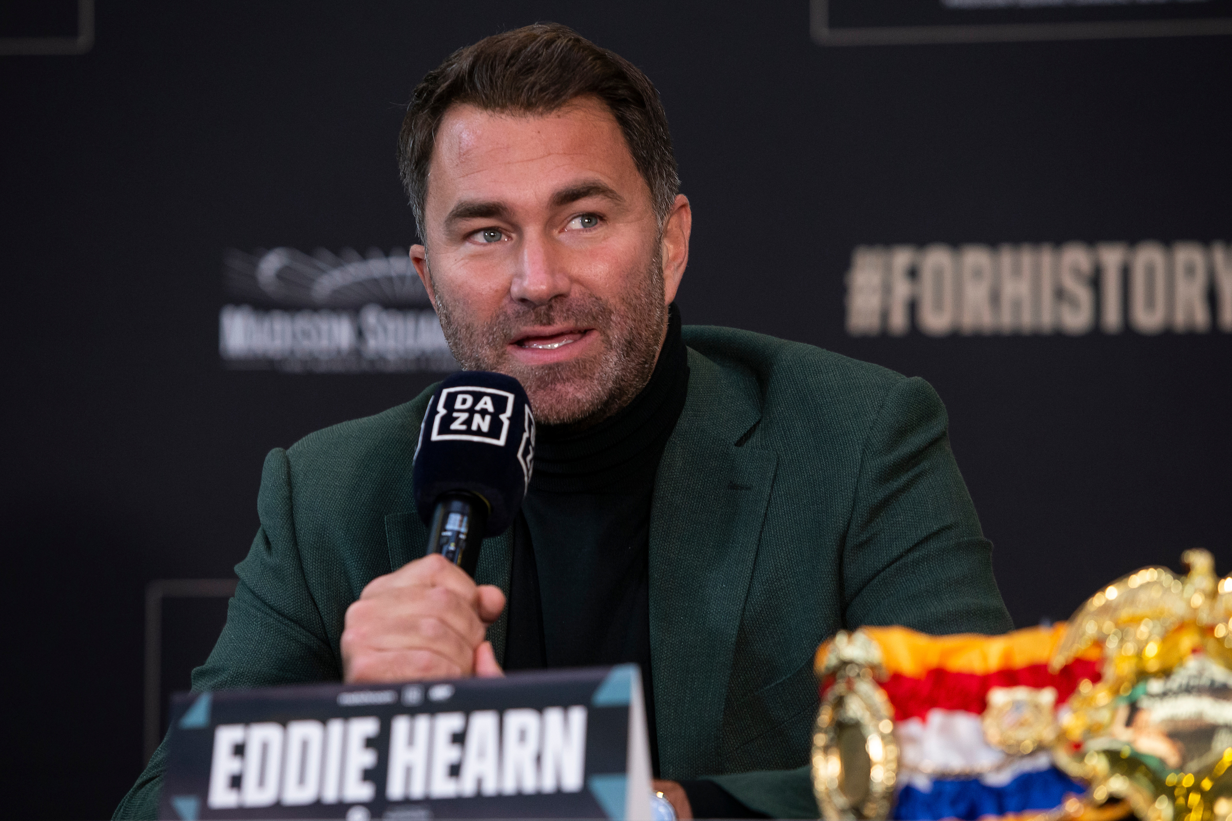 February 2, 2022; New York, NY; Eddie Hearn of Matchroom speaks at the press conference for the upcoming Matchroom Boxing fight card on April 30, 2022 at Madison Square Garden in New York City. Mandatory Credit: Michelle Farsi for Matchroom/MSG Photos