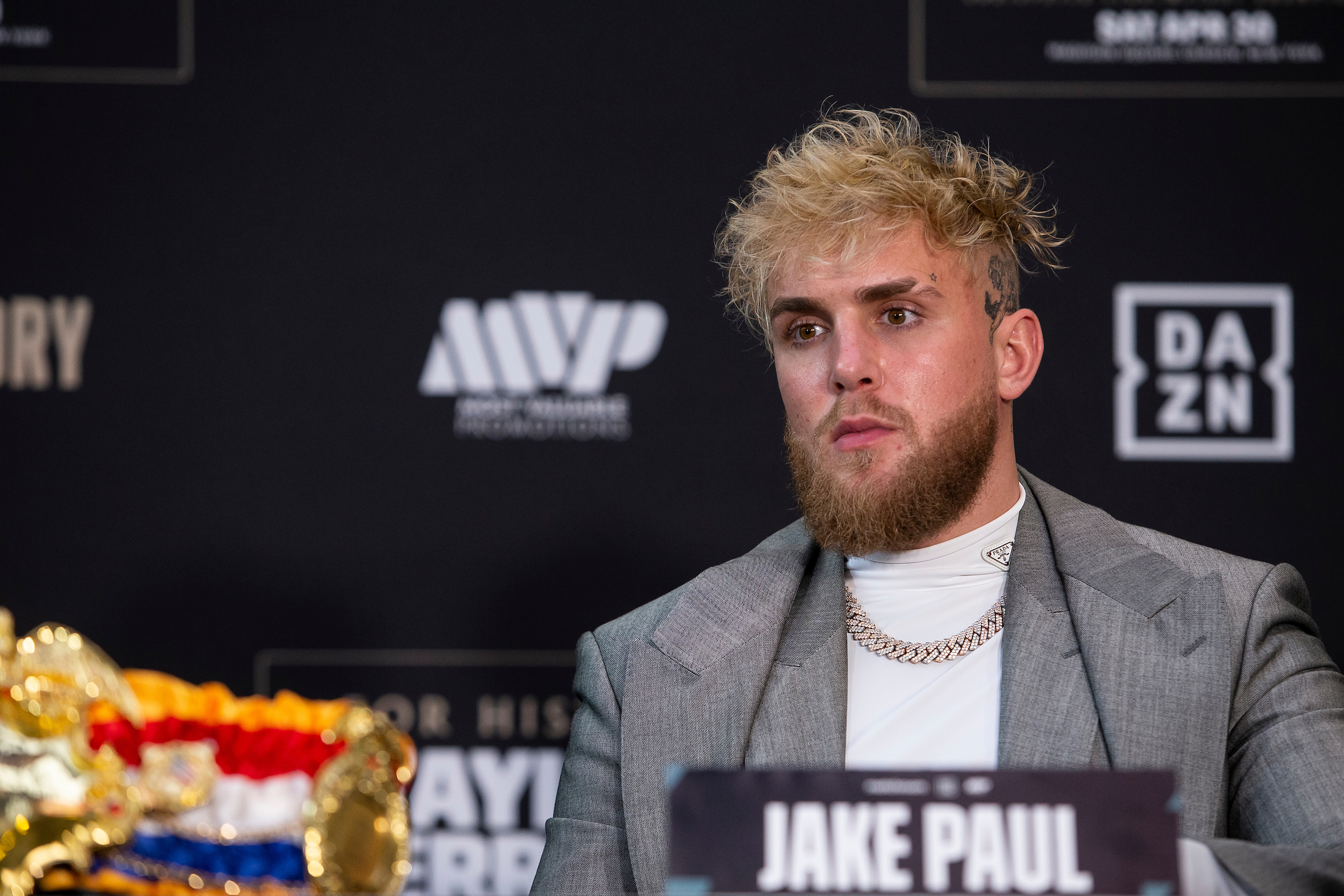February 2, 2022; New York, NY; Jake Paul of MVP speaks at the press conference for the upcoming Matchroom Boxing fight card on April 30, 2022 at Madison Square Garden in New York City. Mandatory Credit: Michelle Farsi for Matchroom/MSG Photos