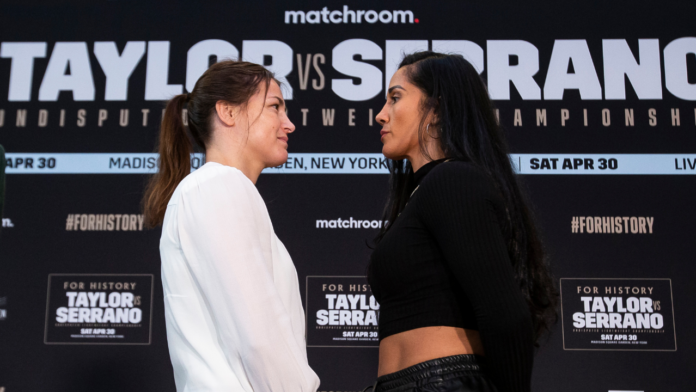 Undisputed World Lightweight champion Katie Taylor (L) and challenger Amanda Serrano face off at the press conference announcing their fight April 30, 2022 at Madison Square Garden in New York City. (Photo: Michelle Farsi for Matchroom/MSG Photos)