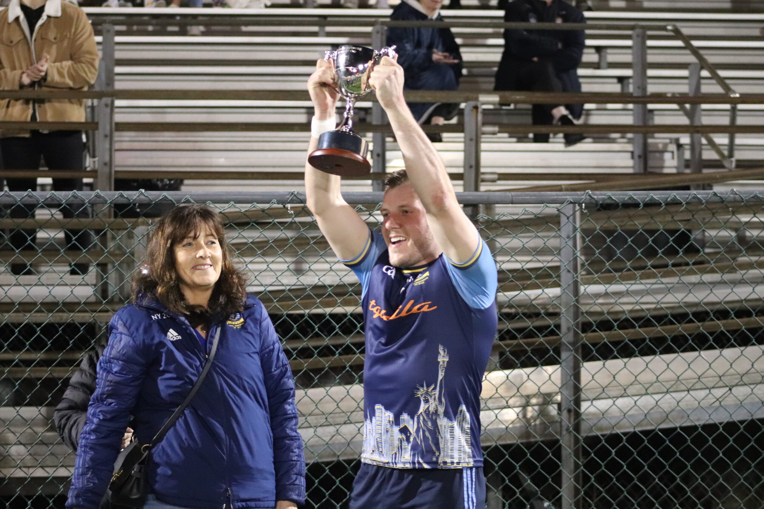 Gearoid Armstrong lifts the Sean Armstrong Memorial Cup for Salthill (Photo by Michael Dorgan) 