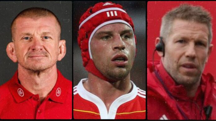 Munster rugby's Denis Leamy, Graham Rowntree and Colm McMahon
